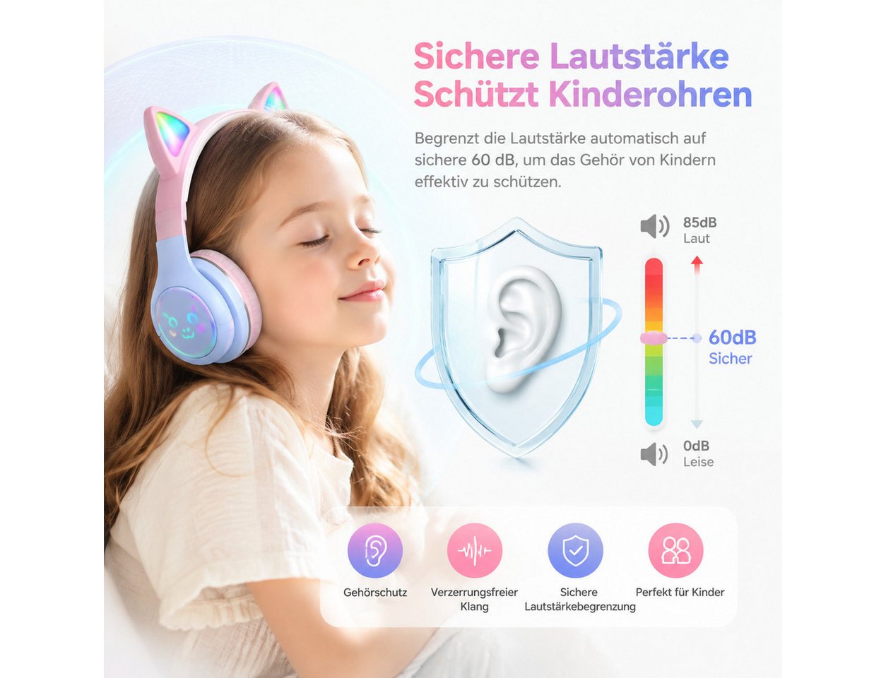 Fyrove RGB-LED-Leuchten,Bluetooth 5.3,HiFi Sound, Kinder Kopfhörer Over-Ear-Kopfhörer (kompatibel mit Tablet/Computer/Telefon, Katzenohr‑Headset für Mädchen, mi – Bild 5 von 5