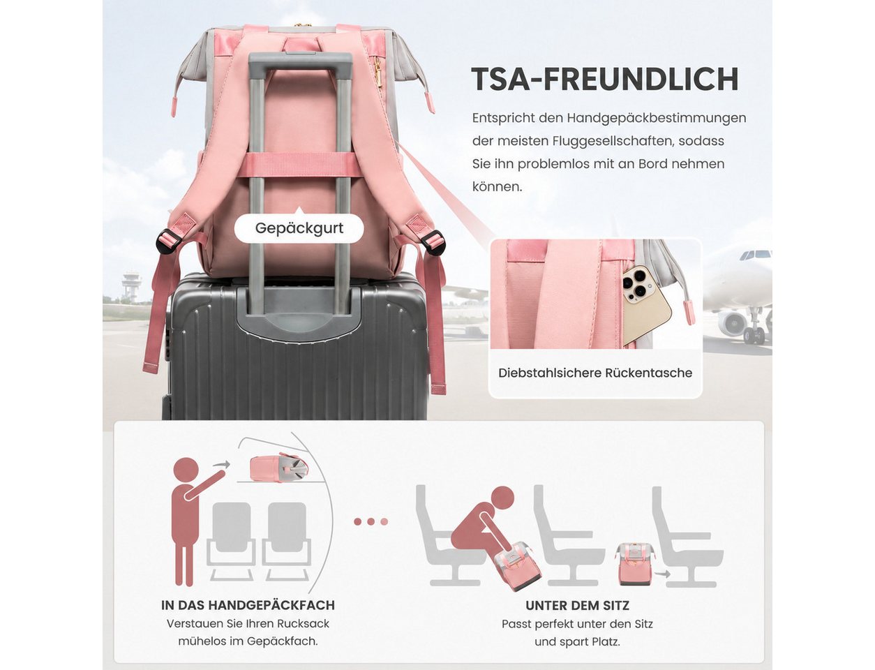 Fyrove Rucksack Reiserucksack mit Laptopfach 15,6 Zoll, TSA Handgepäck Rucksack (Eleganter Damen Laptop Rucksack mit separater Tasche, großes Fassungsvermögen,  – Bild 5 von 5