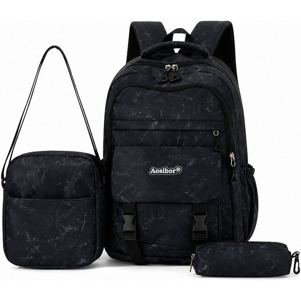 Fyrove Schulrucksack Schulset, Rucksack-Set mit Umhängetasche (Freizeitrucksack, Tagesrucksack für Schule, Arbeit und Alltag), 3-tlg., Marmordesign, viele Fäche