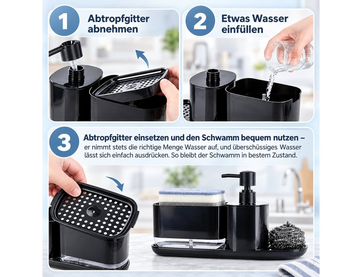 Fyrove Spülmittelspender Küchenorganizer-Set, Spülbecken Organizer, Schwammhalter, (platzsparend, spülenorganizer klein, Waschbecken Organizer, Handtuchhalter), – Bild 3 von 5