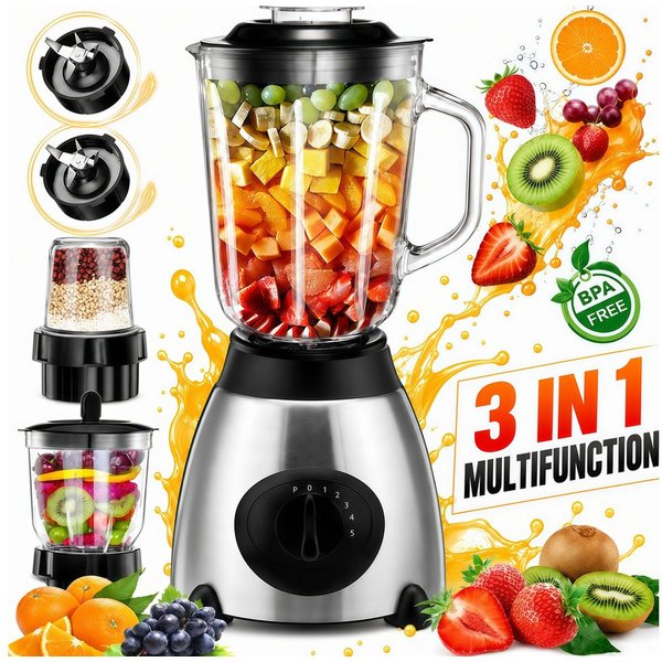 Fyrove Standmixer 2026 Neu Standmixer,Mixer VitaBoost,Edelstahl Silber Glas Smoothie, 2000 W, Maker,Milchshaker Blender 1,5 L,Eiscrusher,6-Klingen für Ice Püree
