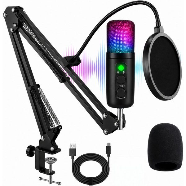 Fyrove Streaming-Mikrofon RGB USB Mikrofon Set 7-tlg.–Kondensator Streaming Mikrofon (für Gaming, Podcast & PC mit Geräuschreduzierung), Stummschaltung, Kopfhör