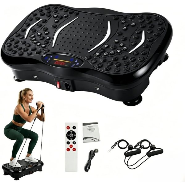 Fyrove Vibrationsplatte mit 5 Trainingsprogramme Widerstandsbänder mit Griff LED-Display, 99 Intensitätsstufen, Bluetooth für Ganzkörpertraining, Abnehmen, Fett