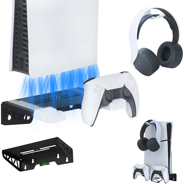 Fyrove Wall Mount Wandhalterung PS5 Slim mit Lüfter mit Controller-Ladegerät Controller-Ladestation (Controller-Ladegerät für PS5, Ladestation PS5 mit Kopfhörer