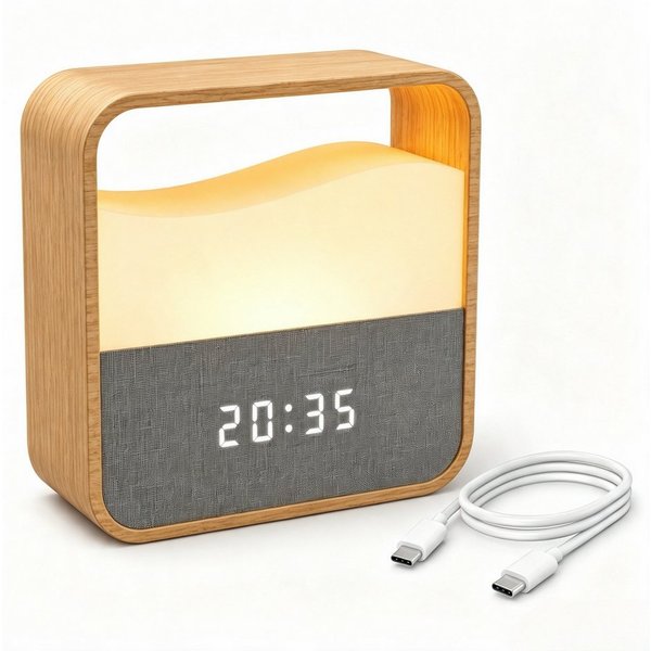 Fyrove Wecker Digitaler Wecker mit dimmbarem Nachtlicht & Doppelalarm Sanfte Wake-up Lampe Holzoptik, Kabelloser USB-C Aufladbar