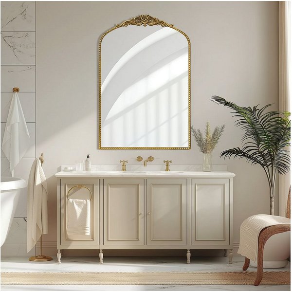 G-LEAF Spiegel Bogen-Wandspiegel, antiker Spiegel im Barockstil, mit Perlenverzierung (1-St), für Eingangsbereich, Badezimmer oder Schlafzimmer, Vintage-Gold