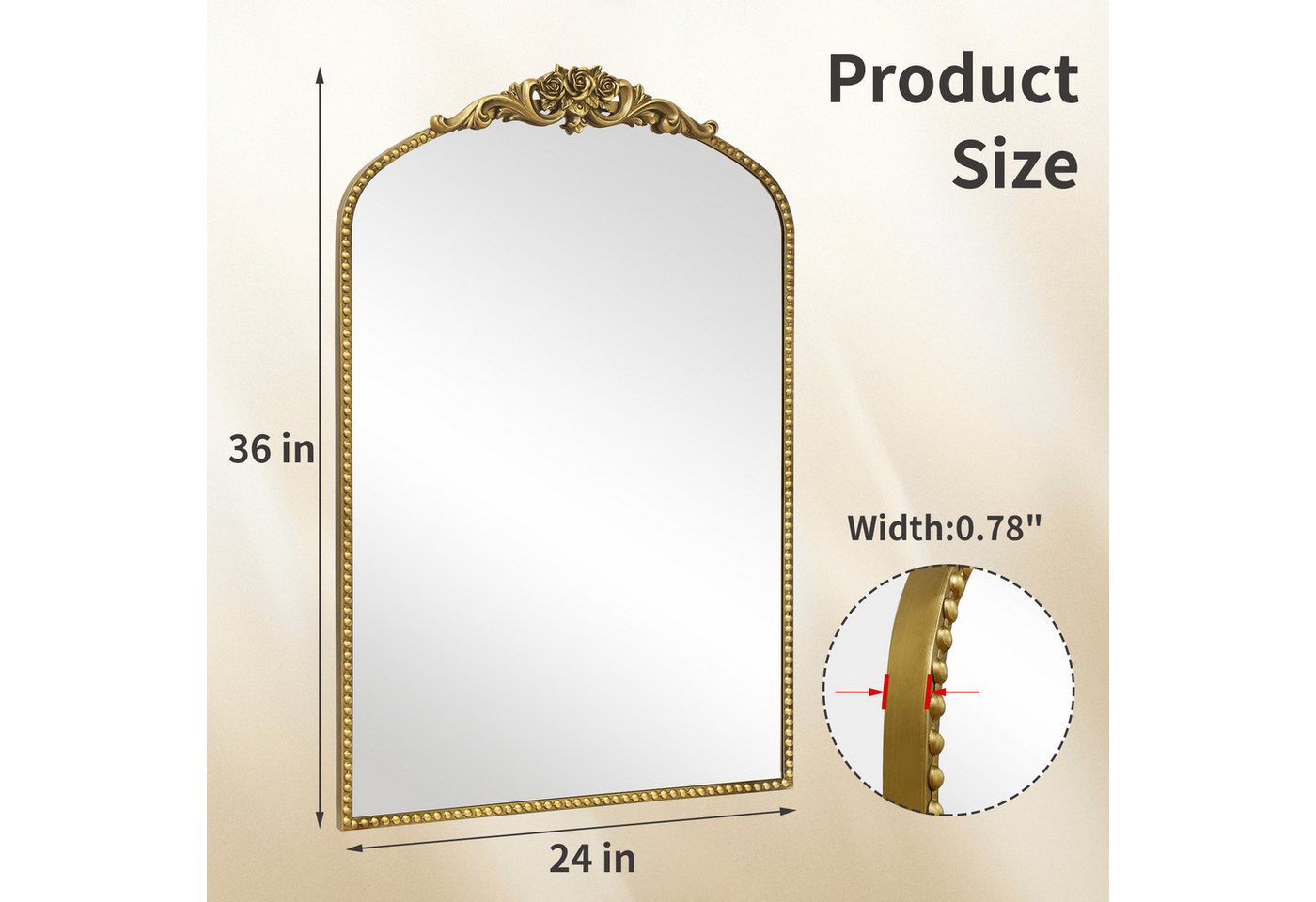 G-LEAF Spiegel Bogen-Wandspiegel, antiker Spiegel im Barockstil, mit Perlenverzierung (1-St), für Eingangsbereich, Badezimmer oder Schlafzimmer, Vintage-Gold – Bild 2 von 5