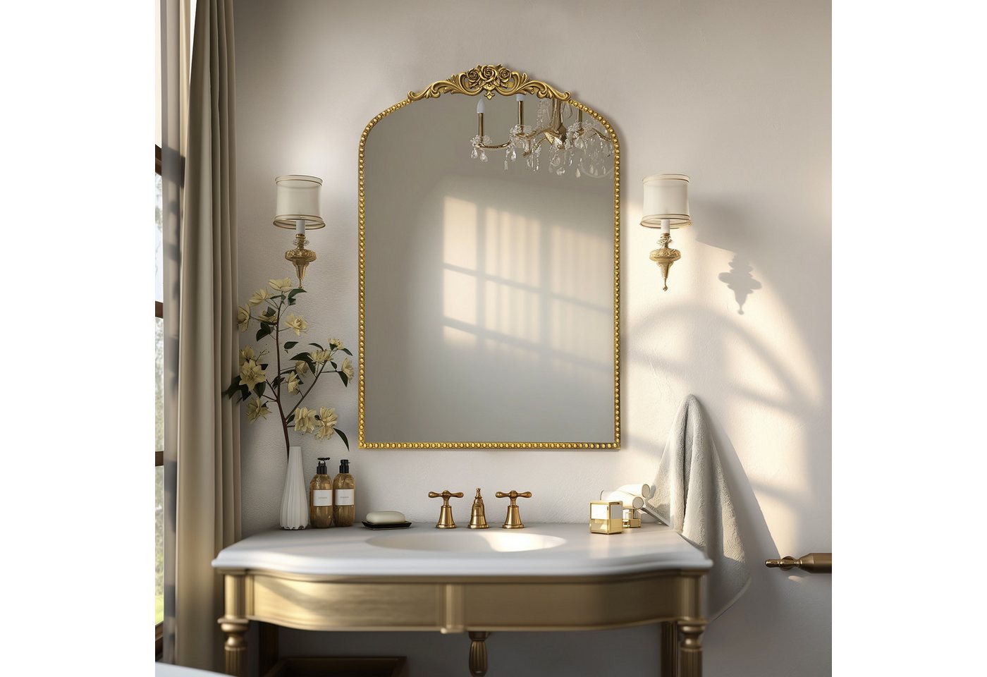 G-LEAF Spiegel Bogen-Wandspiegel, antiker Spiegel im Barockstil, mit Perlenverzierung (1-St), für Eingangsbereich, Badezimmer oder Schlafzimmer, Vintage-Gold – Bild 3 von 5