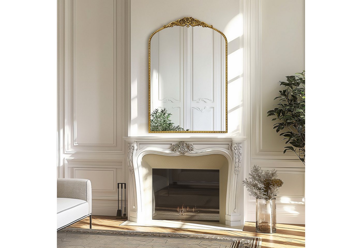 G-LEAF Spiegel Bogen-Wandspiegel, antiker Spiegel im Barockstil, mit Perlenverzierung (1-St), für Eingangsbereich, Badezimmer oder Schlafzimmer, Vintage-Gold – Bild 4 von 5
