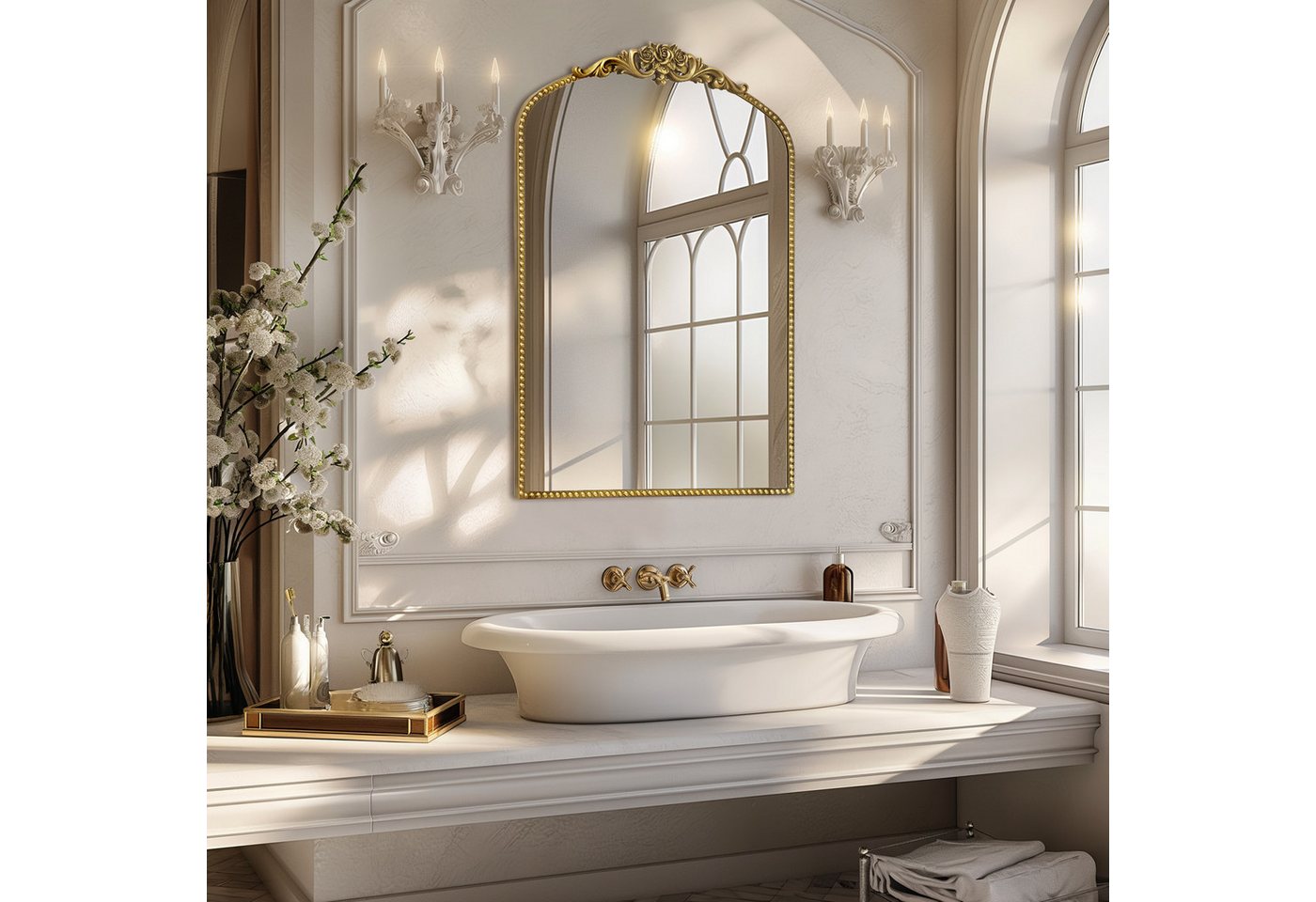 G-LEAF Spiegel Bogen-Wandspiegel, antiker Spiegel im Barockstil, mit Perlenverzierung (1-St), für Eingangsbereich, Badezimmer oder Schlafzimmer, Vintage-Gold – Bild 5 von 5