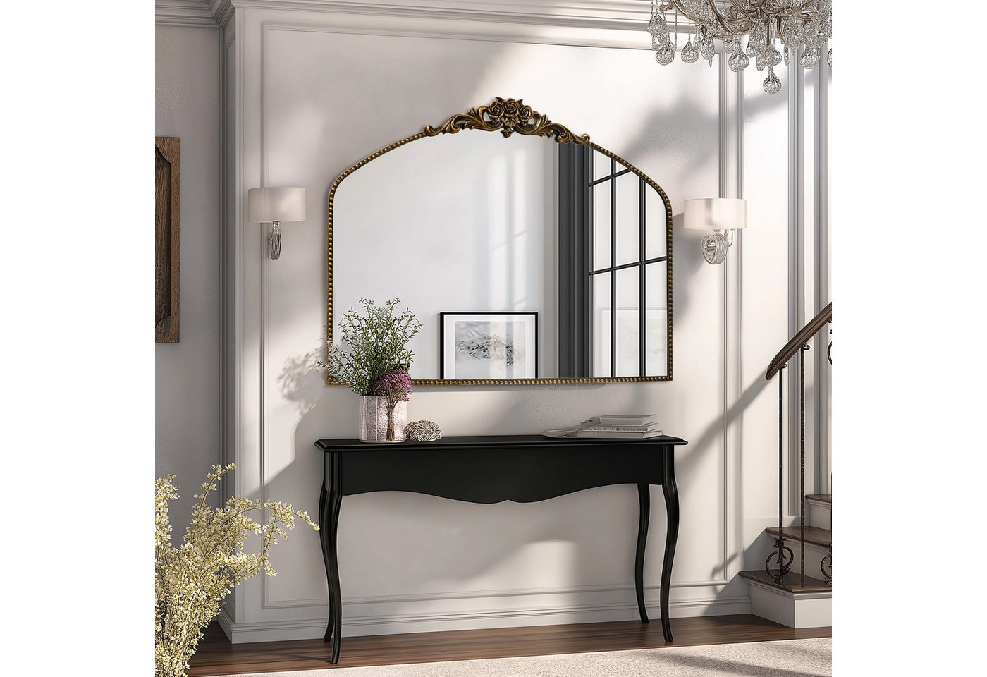 G-LEAF Spiegel Bogen-Wandspiegel, antiker Spiegel im Barockstil, mit Perlenverzierung (1-St), für Eingangsbereich, Badezimmer oder Schlafzimmer, Vintage-Schwarz – Bild 3 von 4