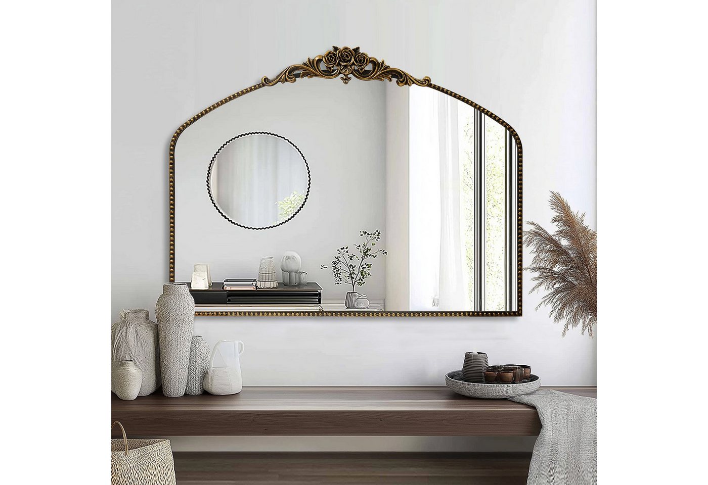 G-LEAF Spiegel Bogen-Wandspiegel, antiker Spiegel im Barockstil, mit Perlenverzierung (1-St), für Eingangsbereich, Badezimmer oder Schlafzimmer, Vintage-Schwarz – Bild 4 von 4