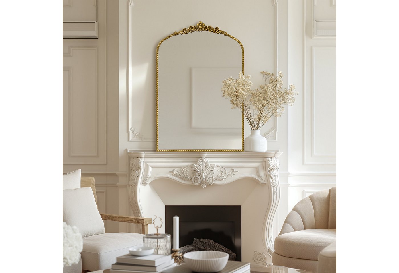 G-LEAF Spiegel Bogen-Wandspiegel im Barockstil, Metallrahmen mit Perlenverzierung (1-St), robusten Eisenrahmen und Harzornamenten, 90×60cm, Vintage-Gold – Bild 3 von 5