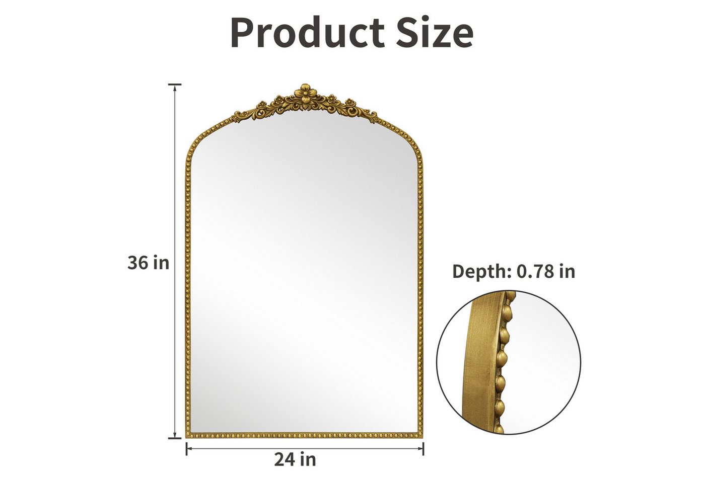 G-LEAF Spiegel Bogen-Wandspiegel im Barockstil, Metallrahmen mit Perlenverzierung (1-St), robusten Eisenrahmen und Harzornamenten, 90×60cm, Vintage-Gold – Bild 4 von 5