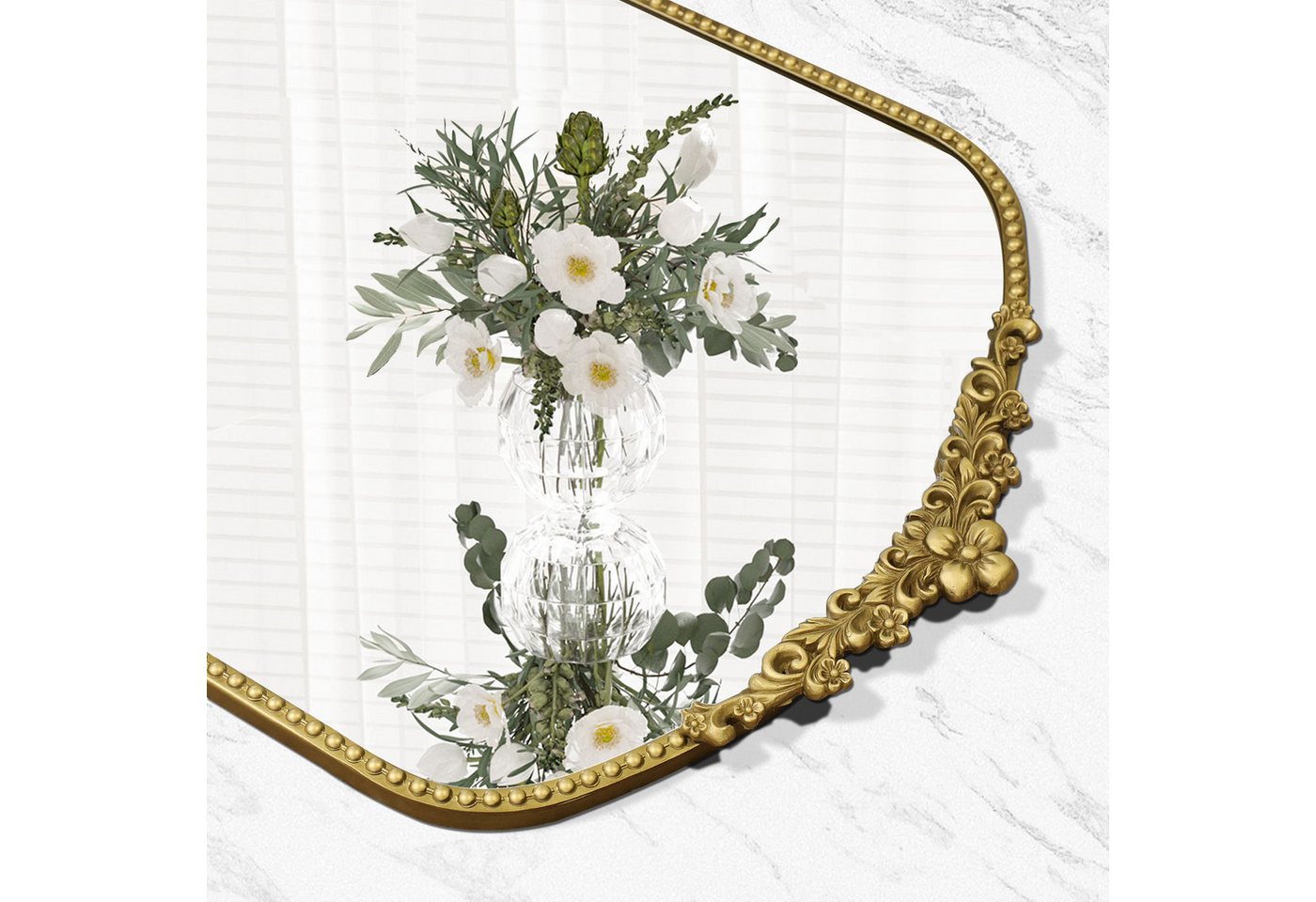 G-LEAF Spiegel Bogen-Wandspiegel im Barockstil, Metallrahmen mit Perlenverzierung (1-St), robusten Eisenrahmen und Harzornamenten, 90×60cm, Vintage-Gold – Bild 5 von 5