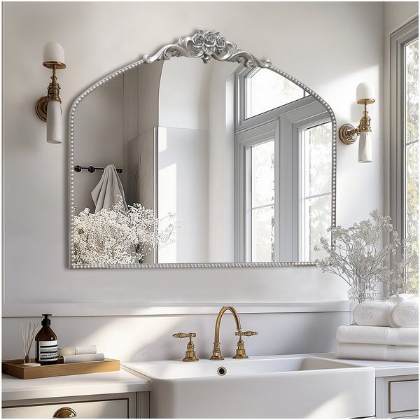 G-LEAF Spiegel Bogen-Wandspiegel, antiker Spiegel im Barockstil, mit Perlenverzierung (1-St), für Eingangsbereich, Badezimmer oder Schlafzimmer, Vintage-Silber