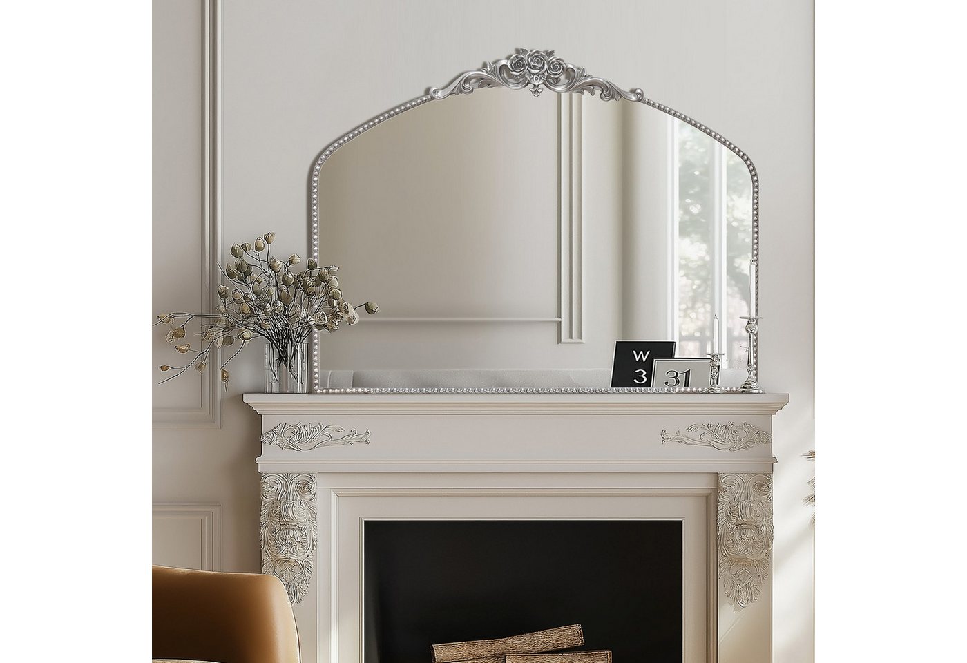 G-LEAF Spiegel Bogen-Wandspiegel, antiker Spiegel im Barockstil, mit Perlenverzierung (1-St), für Eingangsbereich, Badezimmer oder Schlafzimmer, Vintage-Silber – Bild 3 von 5