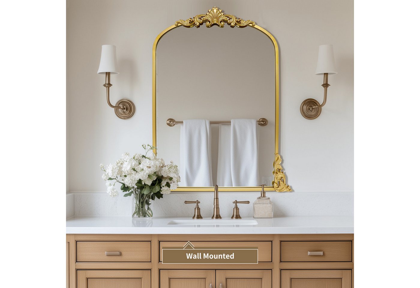 G-LEAF Wandspiegel Bogen-Wandspiegel, antiker Spiegel im Barockstil (1-St), ideal für Kamin, Badezimmer, Eingangsbereich, 90×60cm – Bild 3 von 5