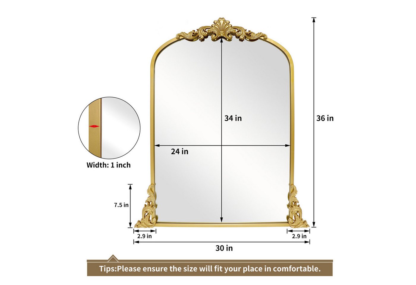G-LEAF Wandspiegel Bogen-Wandspiegel, antiker Spiegel im Barockstil (1-St), ideal für Kamin, Badezimmer, Eingangsbereich, 90×60cm – Bild 4 von 5