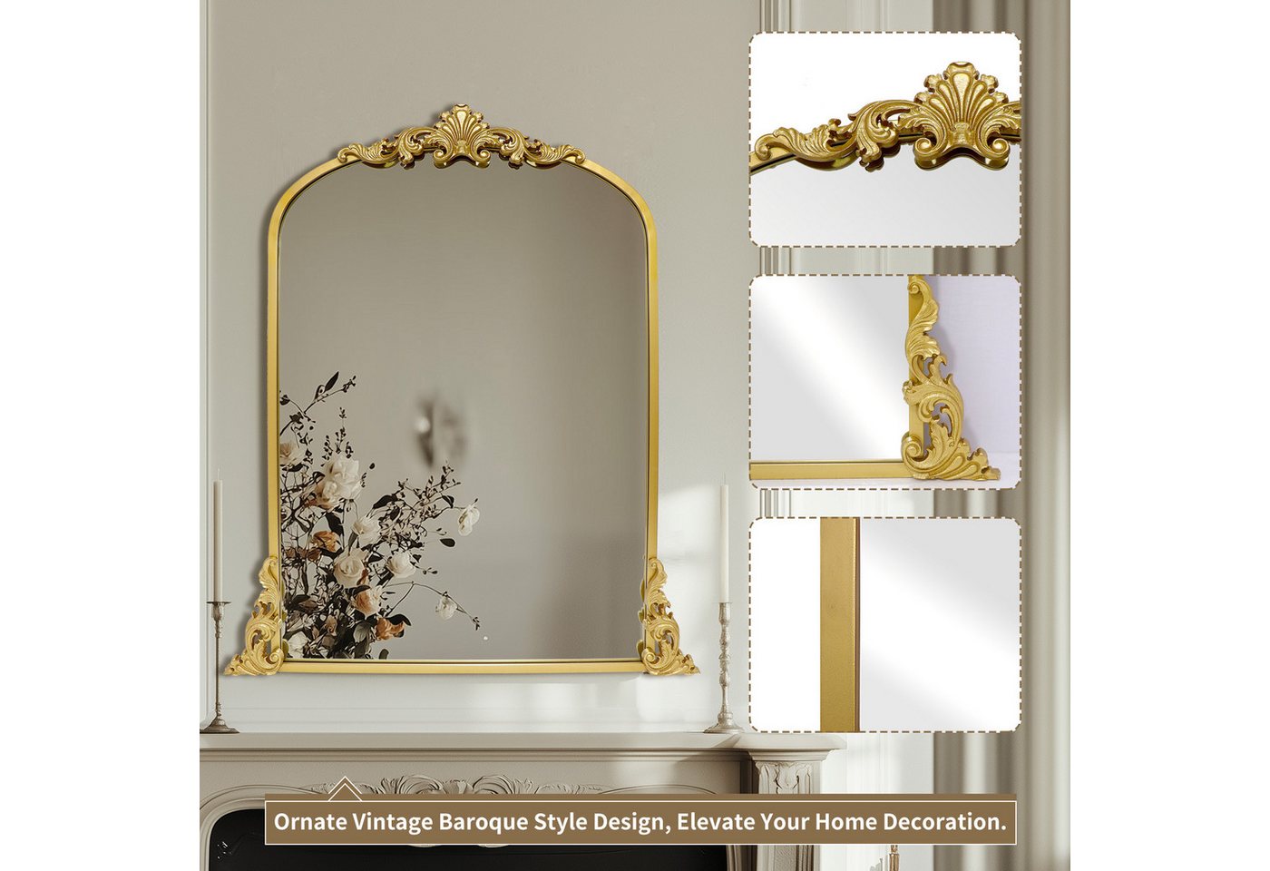 G-LEAF Wandspiegel Bogen-Wandspiegel, antiker Spiegel im Barockstil (1-St), ideal für Kamin, Badezimmer, Eingangsbereich, 90×60cm – Bild 5 von 5