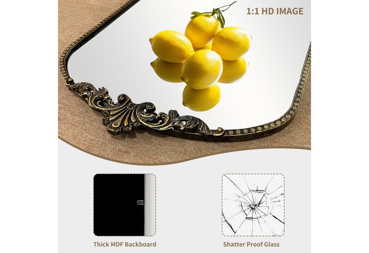 G-LEAF Wandspiegel Bogen-Wandspiegel, antiker Spiegel im Barockstil (1-St), ideal für Kamin, Badezimmer, Eingangsbereich, 90×60cm – Bild 5 von 5