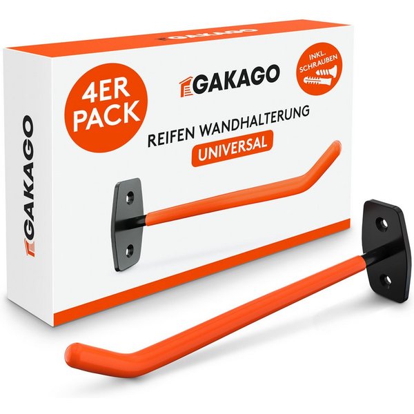 Gakago Reifen-Wandhalterung, (4-tlg., für Autoreifen & Felgen, - Extra lang inkl. Schrauben & Dübel mit Montageanleitung)