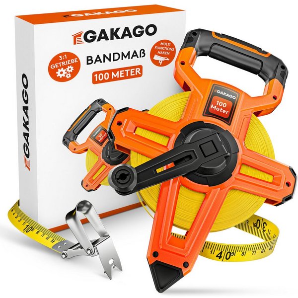 Gakago Rollbandmaß, 100m - 3-fach übersetztes Bandmaß mit ergonomischem Haltegriff