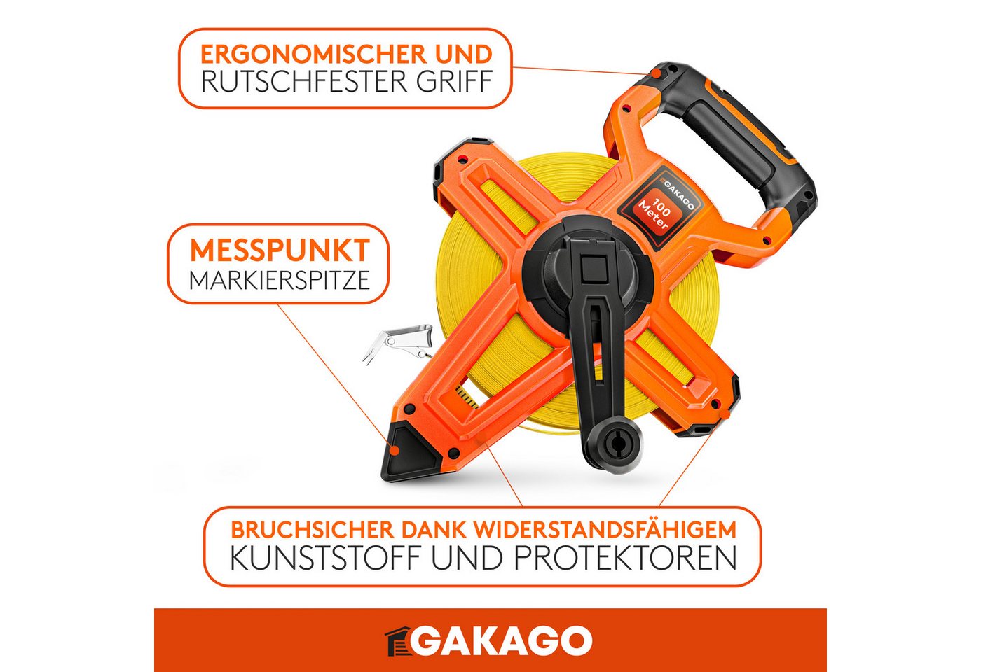 Gakago Rollbandmaß, 100m - 3-fach übersetztes Bandmaß mit ergonomischem Haltegriff – Bild 3 von 5