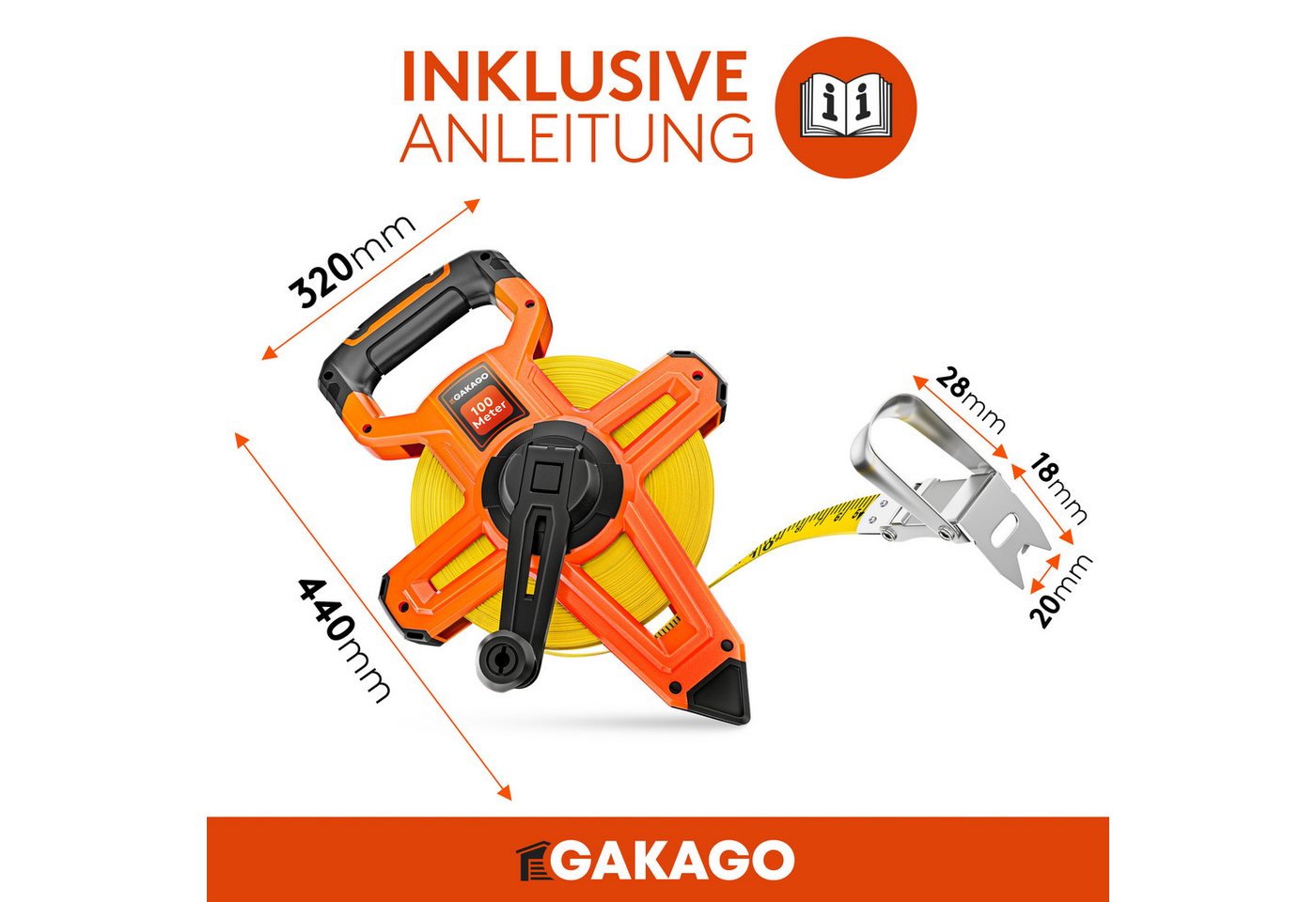 Gakago Rollbandmaß, 100m - 3-fach übersetztes Bandmaß mit ergonomischem Haltegriff – Bild 4 von 5