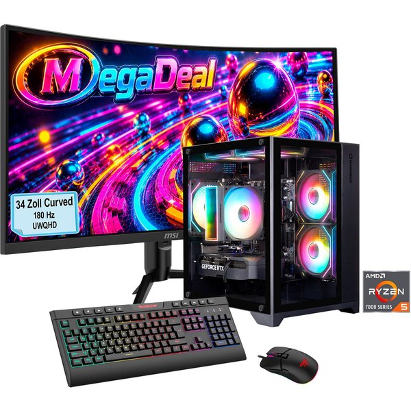 GAMEMAX MegaDeal Infinity Mini BK 2837 AMD Ryzen 5 7500F 32GB DDR5 1TB SSD Gaming-PC-Komplettsystem (34", AMD Ryzen 5 7500F, RTX 5060 Ti, 32 GB RAM, 1000 GB SSD
