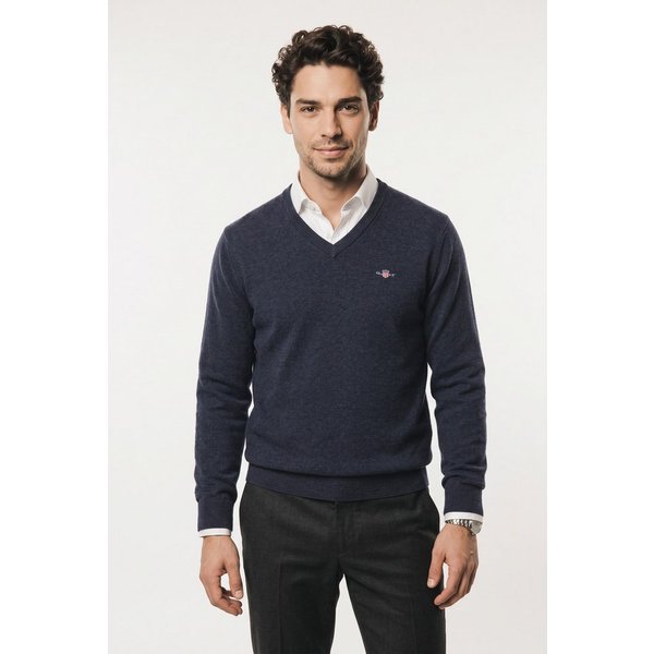 Gant V-Ausschnitt-Pullover SUPERFINE LAMBSWOOL V-NECK regular fit aus reiner Wolle, gerippte Abschlüsse
