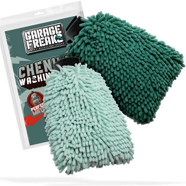 Garage Freaks Waschhandschuh Auto Waschhandschuh 2er Pack - CHENILLE WASHING GLOVE, (2-St), Mikrofaser - 2 Farben - mit Zotteln für eine saugstarke Reinigung