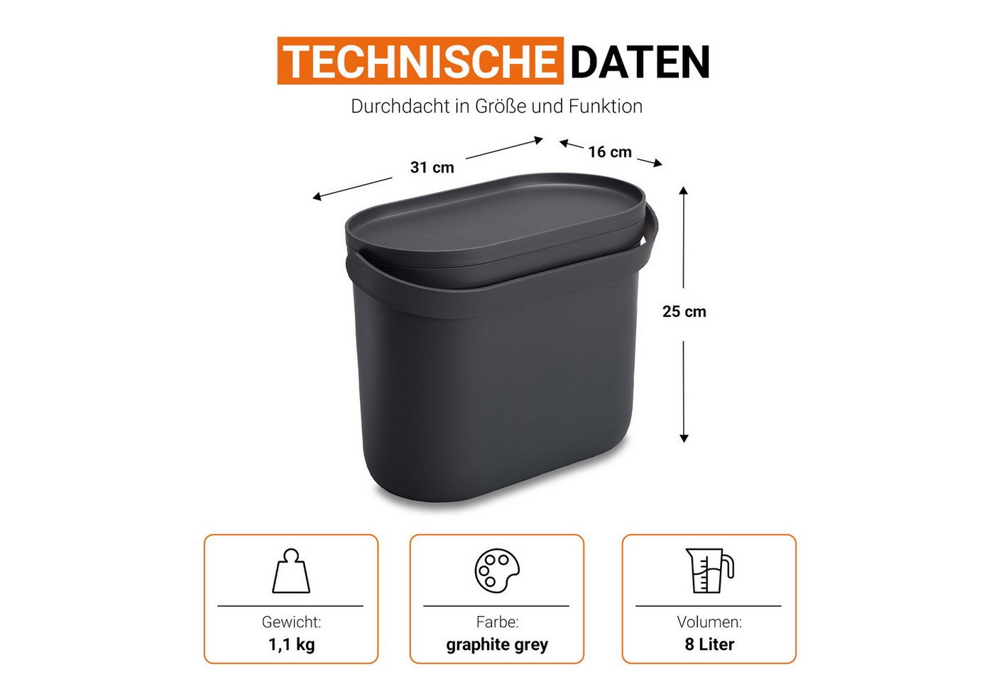 GARANTIA Biomülleimer NOVA Biomülleimer 8 Liter graphite grey – Bild 3 von 5