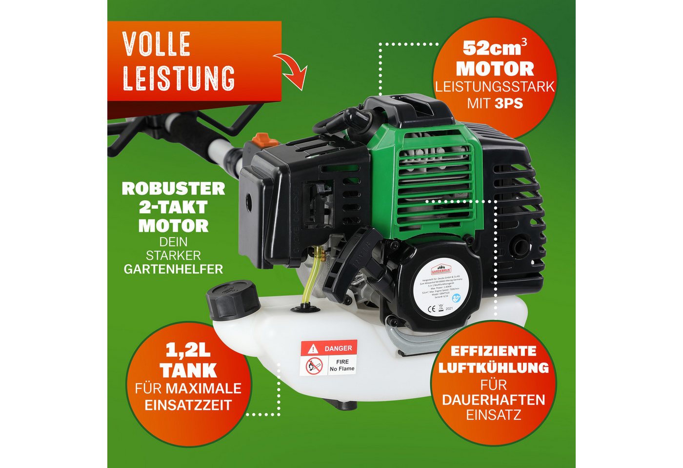 Gardebruk Benzin-Motorsense, GBMT520 2 PS Tragegurt 5 in 1 Multitool 1m Verlängerung Heckenschere – Bild 2 von 5