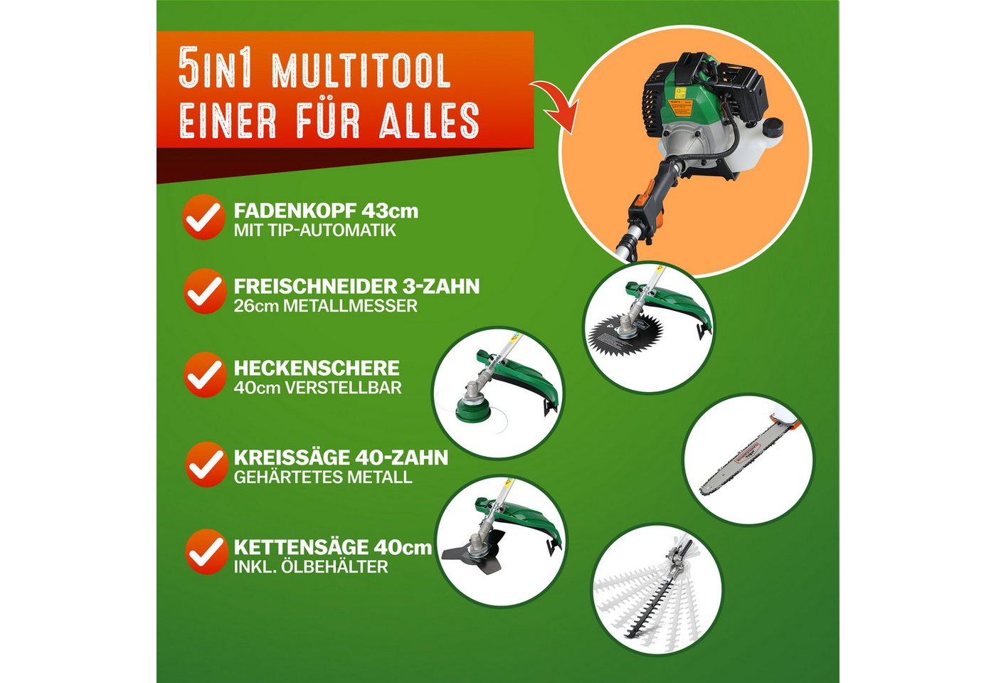 Gardebruk Benzin-Motorsense, GBMT520 2 PS Tragegurt 5 in 1 Multitool 1m Verlängerung Heckenschere – Bild 3 von 5