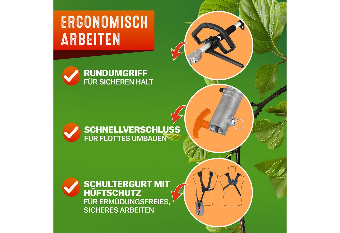 Gardebruk Benzin-Motorsense, GBMT520 2 PS Tragegurt 5 in 1 Multitool 1m Verlängerung Heckenschere – Bild 5 von 5