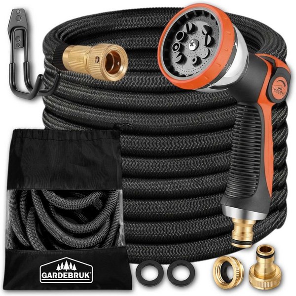 Gardebruk Bewässerungsschlauch, 7,5m 3fach Latexkern Vollmessing Adapter 1/2" 3/4" Zoll Tasche Schwarz