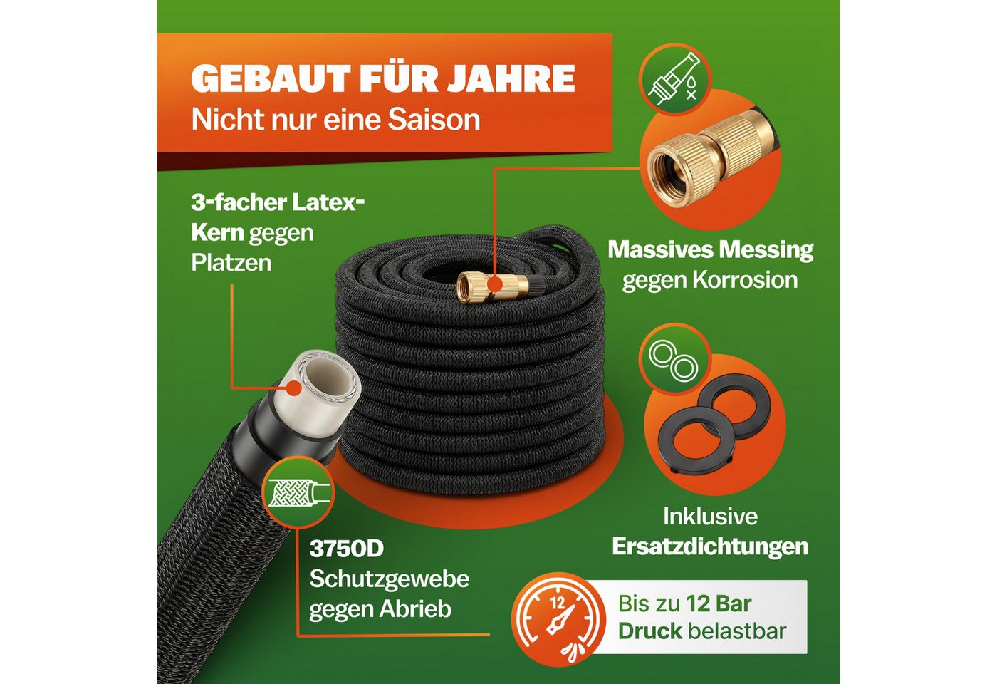 Gardebruk Bewässerungsschlauch, 7,5m 3fach Latexkern Vollmessing Adapter 1/2" 3/4" Zoll Tasche Schwarz – Bild 3 von 5