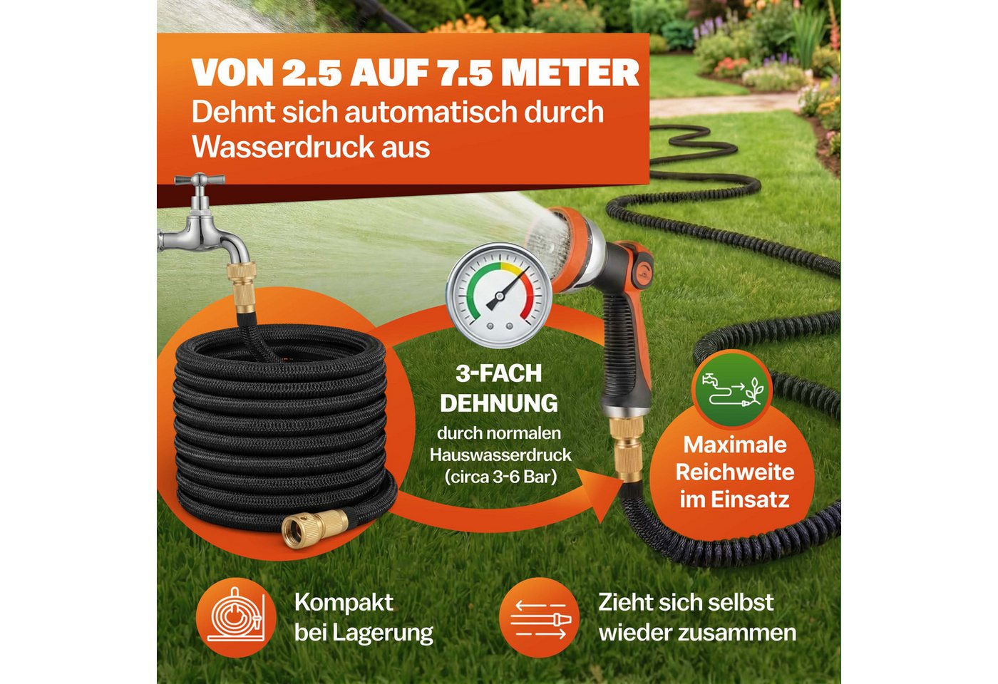 Gardebruk Bewässerungsschlauch, 7,5m 3fach Latexkern Vollmessing Adapter 1/2" 3/4" Zoll Tasche Schwarz – Bild 5 von 5