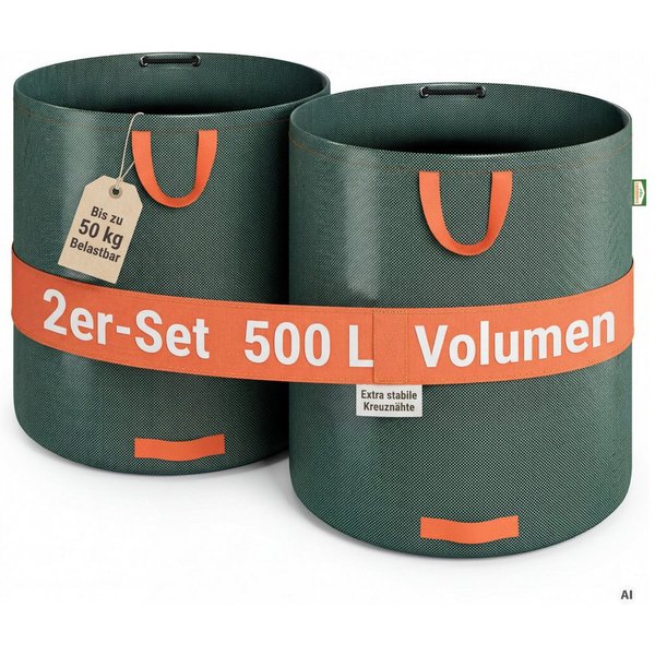 Gardebruk Gartensack, (2-tlg), Gartenabfallsack 2x500 Liter 50 kg Belastbarkeit stabil robust