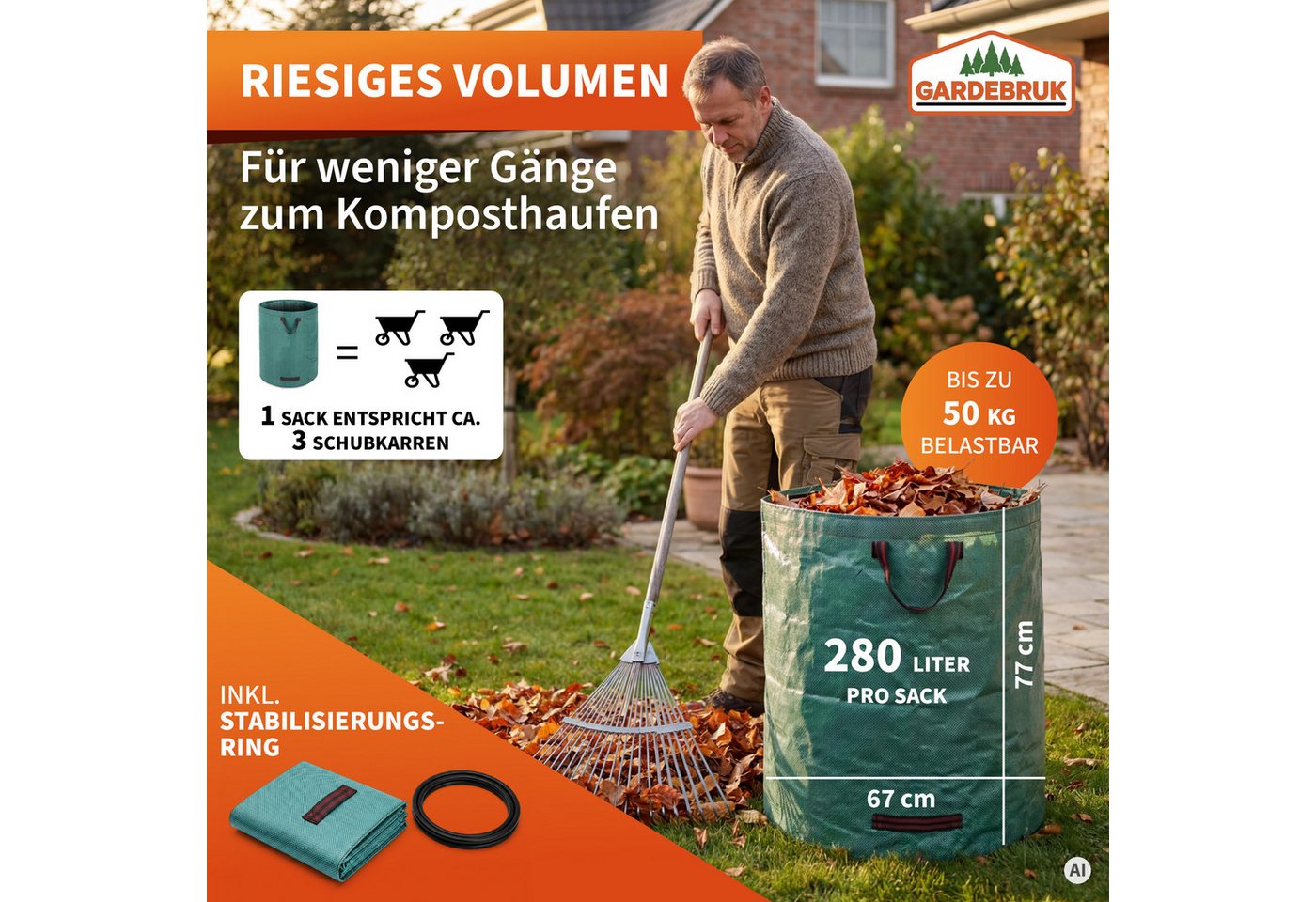 Gardebruk Gartensack, Gartenabfallsack 4x280 Liter 50 kg Belastbarkeit stabil robust – Bild 3 von 5