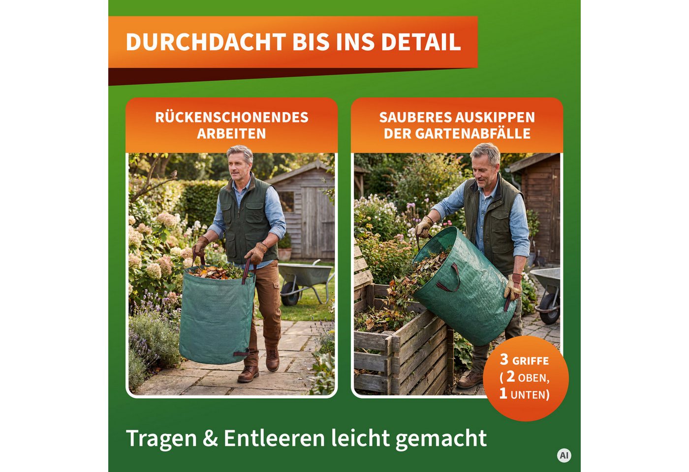 Gardebruk Gartensack, Gartenabfallsack 4x280 Liter 50 kg Belastbarkeit stabil robust – Bild 5 von 5