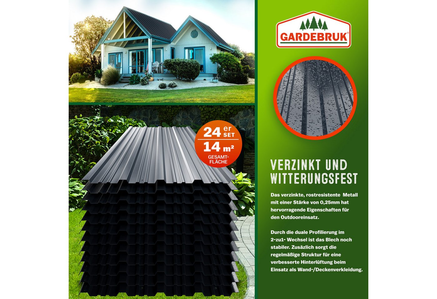 Gardebruk Gerätehaus, BxT: 46x129 cm, 24x Trapezblech 129cm x 46cm = 14m² verzinkt Profilblech Dachblech – Bild 2 von 5