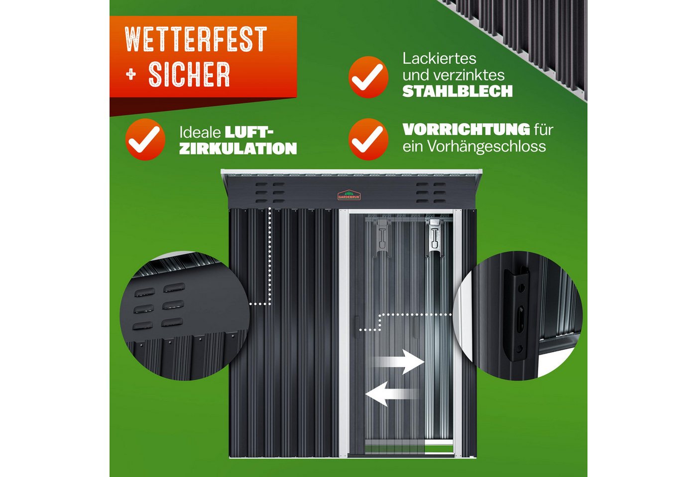 Gardebruk Gerätehaus, BxT: 162x86 cm, Geräteschuppen 1,5m² Gerätehaus Belüftung rostfreies Metall anthrazit – Bild 4 von 5