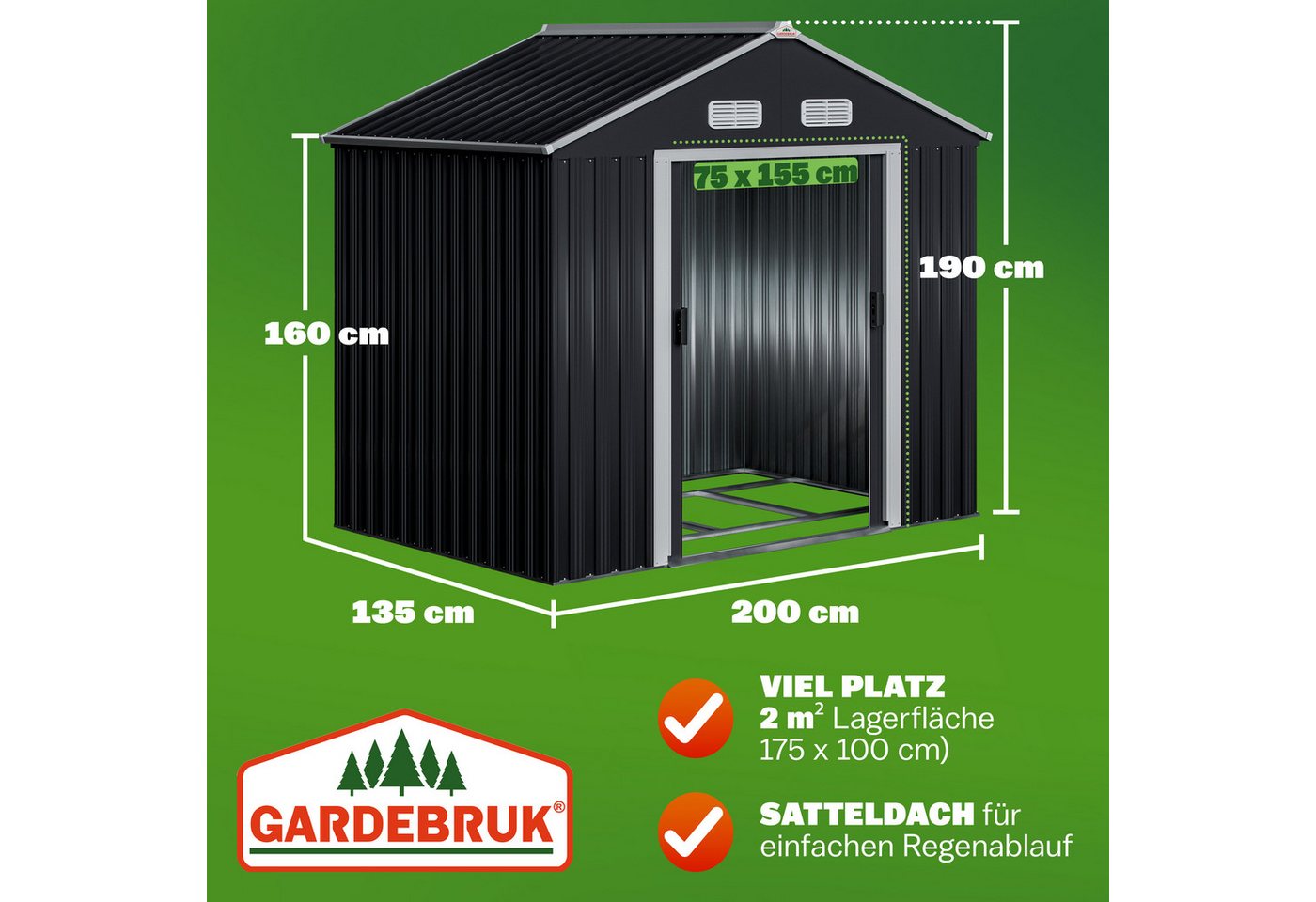 Gardebruk Gerätehaus, BxT: 132x196 cm, XL Metall 2m² mit Fundament 196x132x188cm Schiebetür Anthrazit – Bild 3 von 5