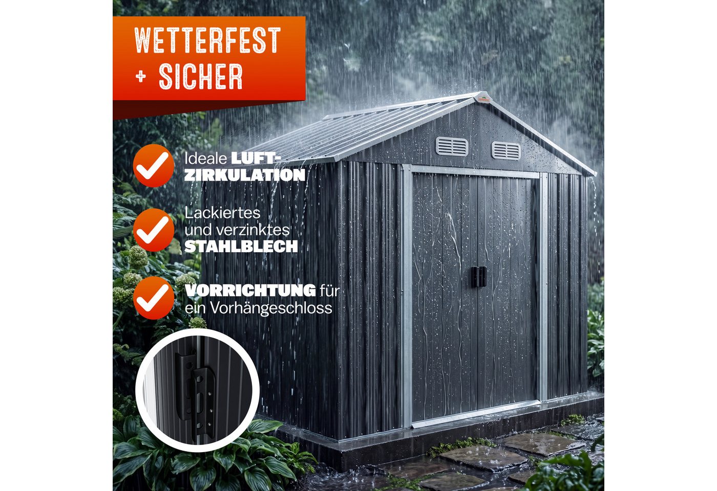 Gardebruk Gerätehaus, BxT: 132x196 cm, XL Metall 2m² mit Fundament 196x132x188cm Schiebetür Anthrazit – Bild 4 von 5