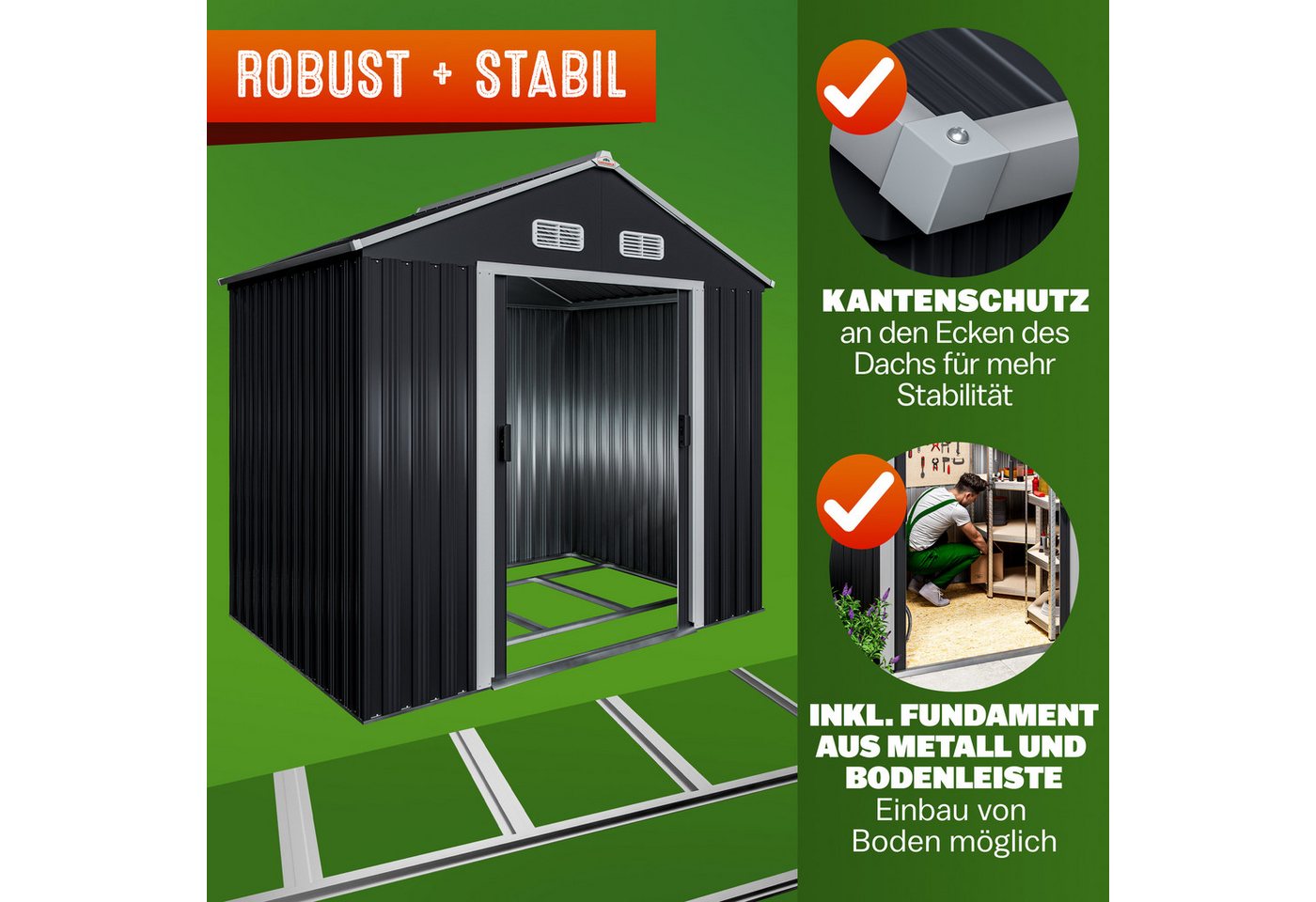 Gardebruk Gerätehaus, BxT: 132x196 cm, XL Metall 2m² mit Fundament 196x132x188cm Schiebetür Anthrazit – Bild 5 von 5