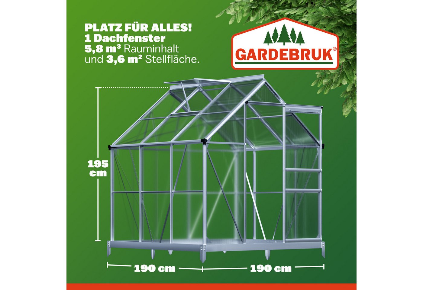 Gardebruk Gewächshaus, Aluminium 3,6m² mit Fundament 190x190cm inkl. Dachfenster Treibhaus – Bild 3 von 5