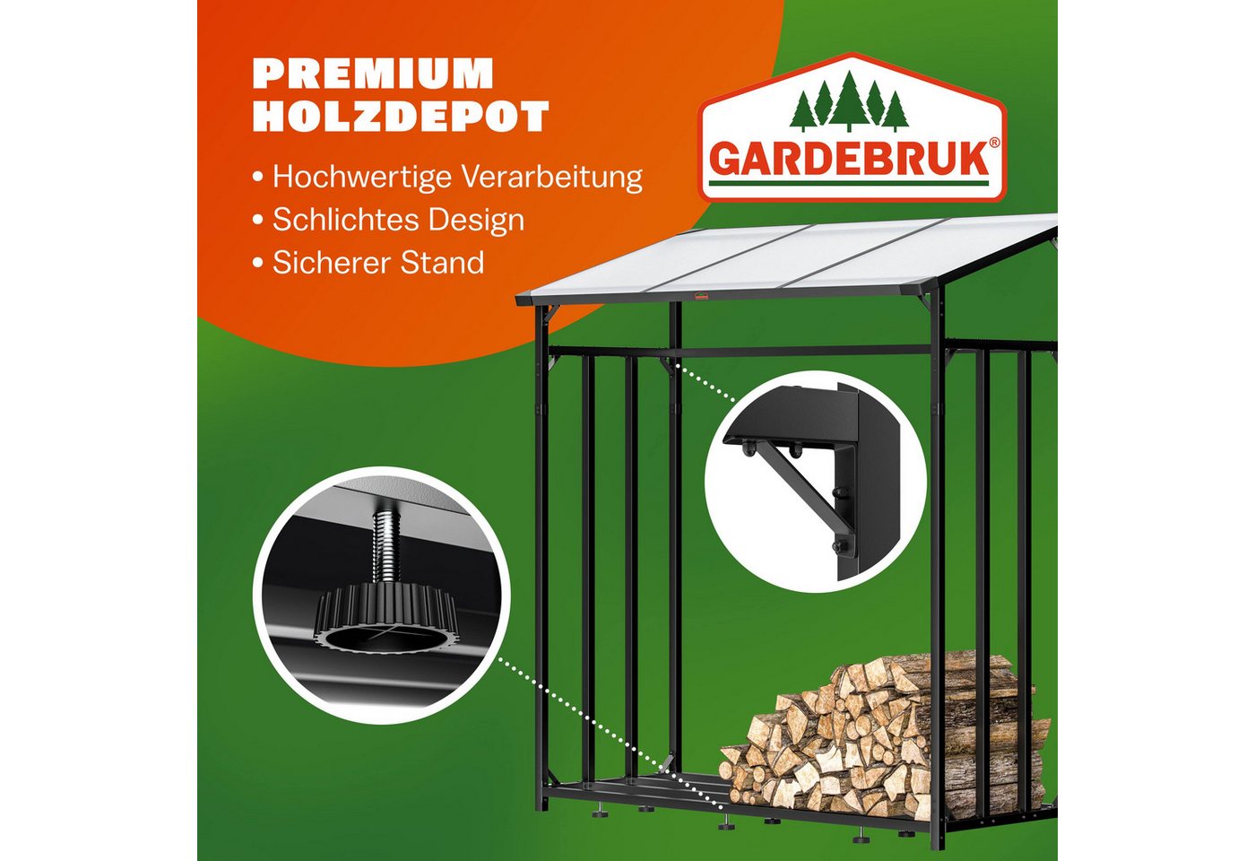 Gardebruk Kaminholzregal, BxTxH:198x163x70 cm, Außen Stahl XXL Schwarz mit Dach Abdeckung Holzunterstand Holzlager – Bild 2 von 5