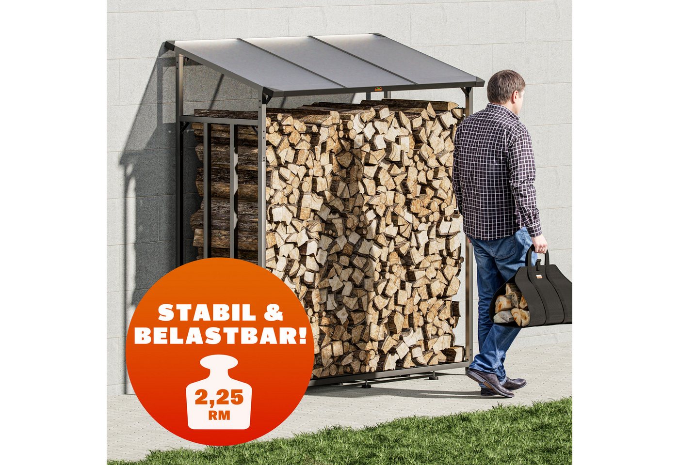 Gardebruk Kaminholzregal, BxTxH:198x163x70 cm, Außen Stahl XXL Schwarz mit Dach Abdeckung Holzunterstand Holzlager – Bild 3 von 5